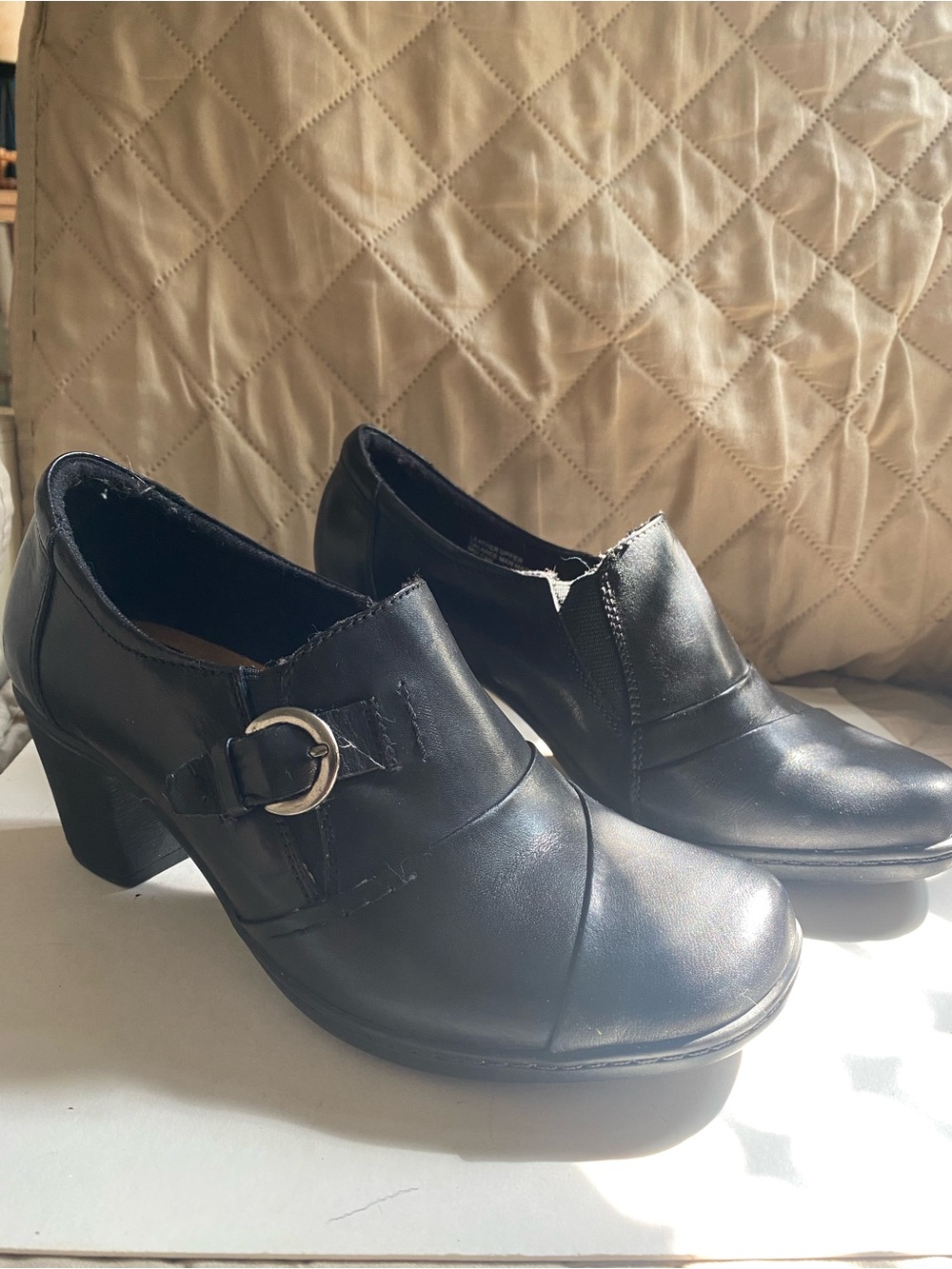 Black Leather Buckle Heeled Slip-On Shoes for Women, Sz 6